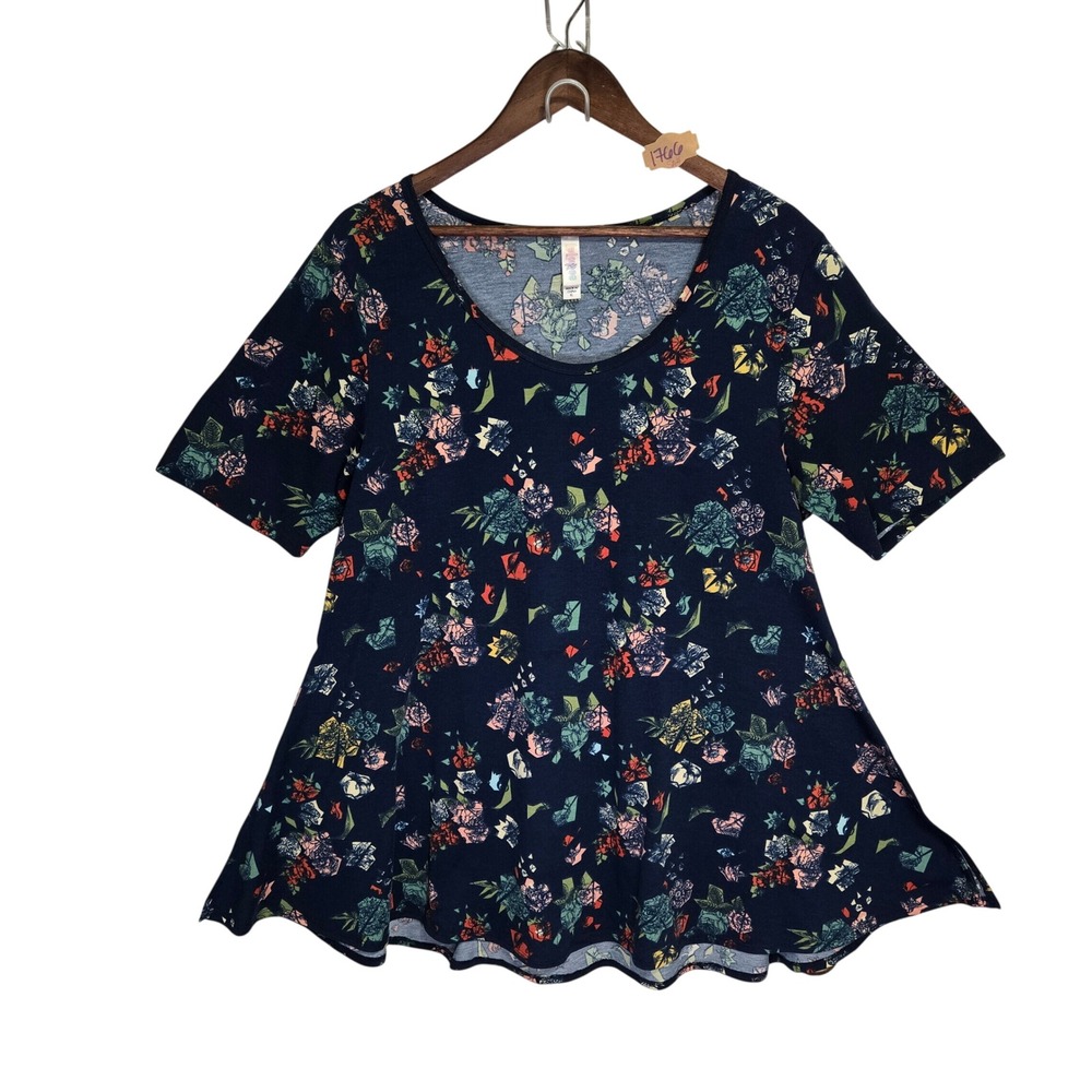 LuLaRoe Perfect T Navy Blue Floral Short Sleeve Flared Tunic Top XL